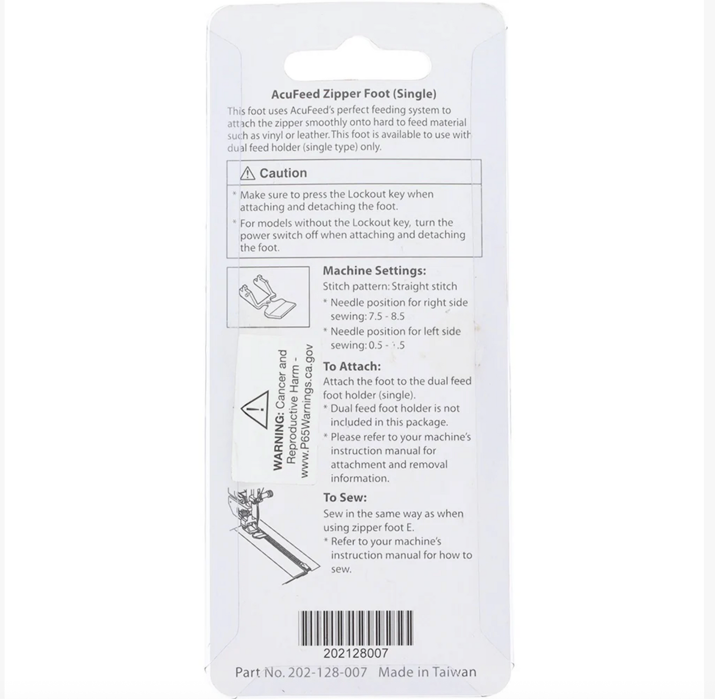 Acufeed Zipper Foot Single, Janome #202128007