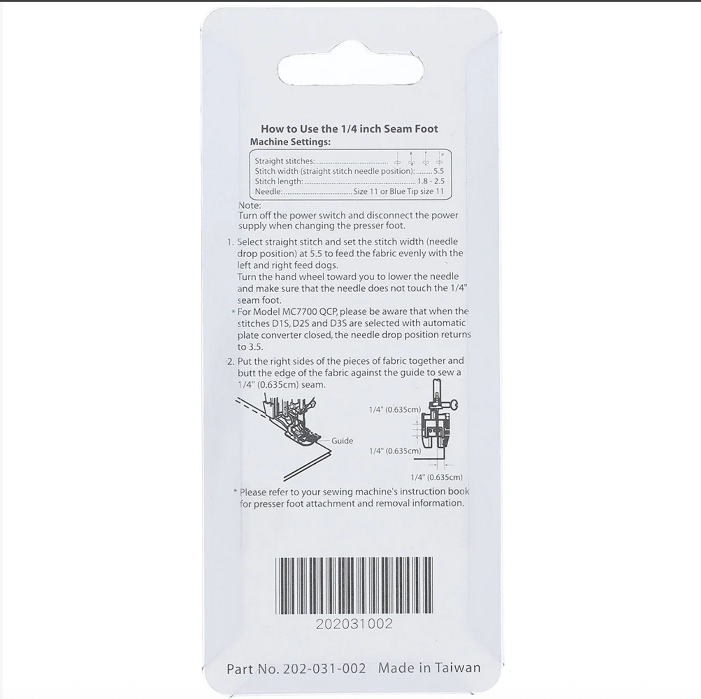 1/4" Acufeed Seam Presser Foot, Janome #202031002